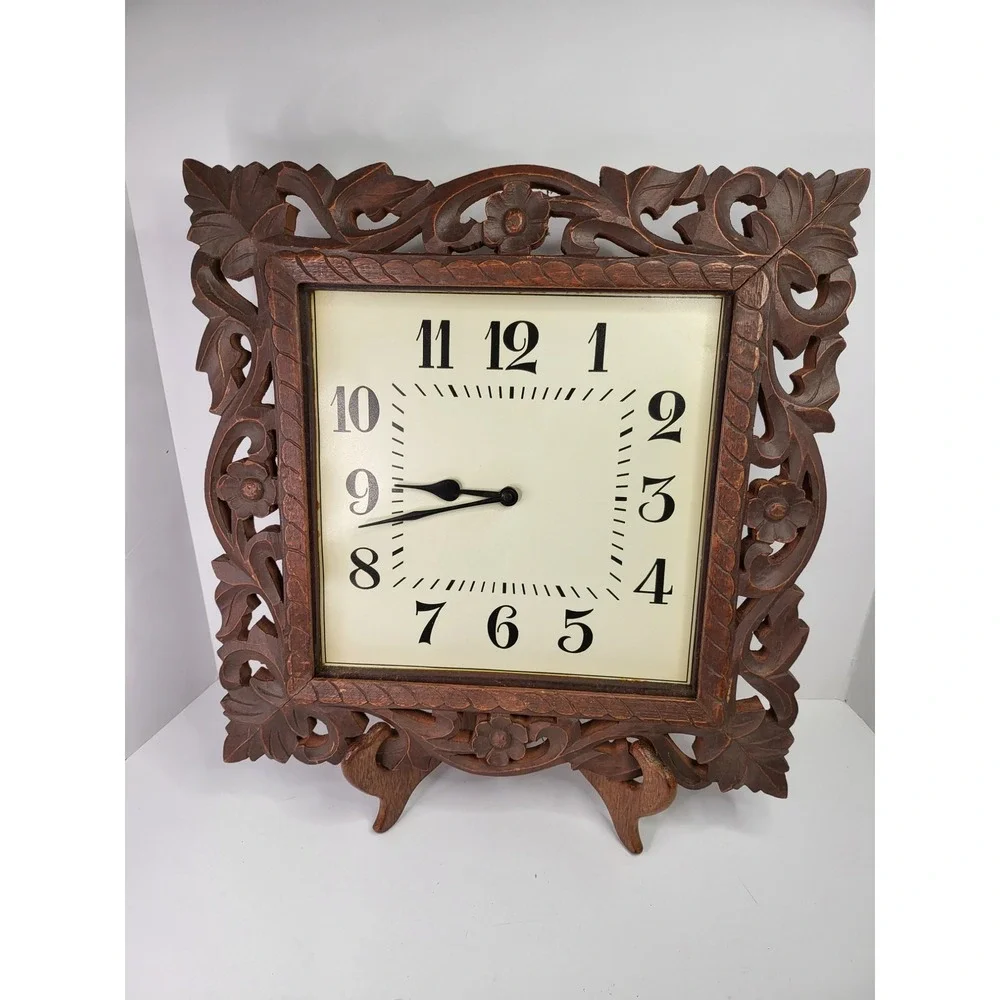 SAS Living Hand Carved Wood Wall Clock Floral Openwork Square Brown 16.5in